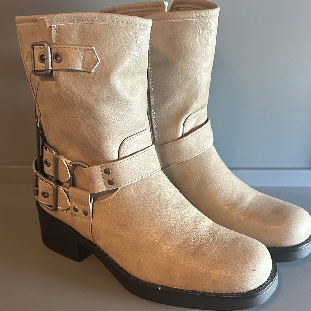 Forever 21 Cream Mid-Calf Buckle Heel Boots